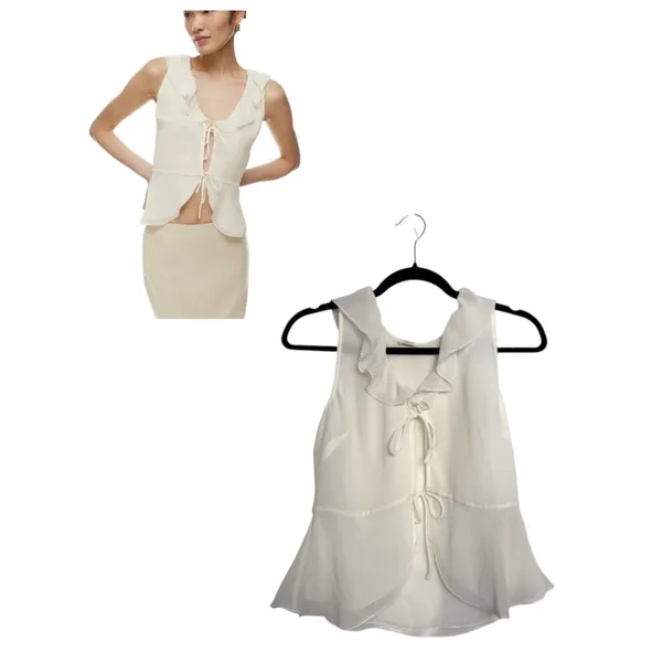 Wilfred Aritzia White Silky Semi Sheer Tie Front Sleeveless Blouse Size Small - Image 2