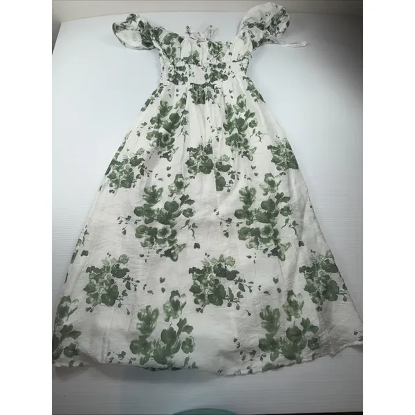 Saints + secrets Midi Dress White Olive Floral Puff Sleeve Scoop Neck‎ XS NWT - Image 7