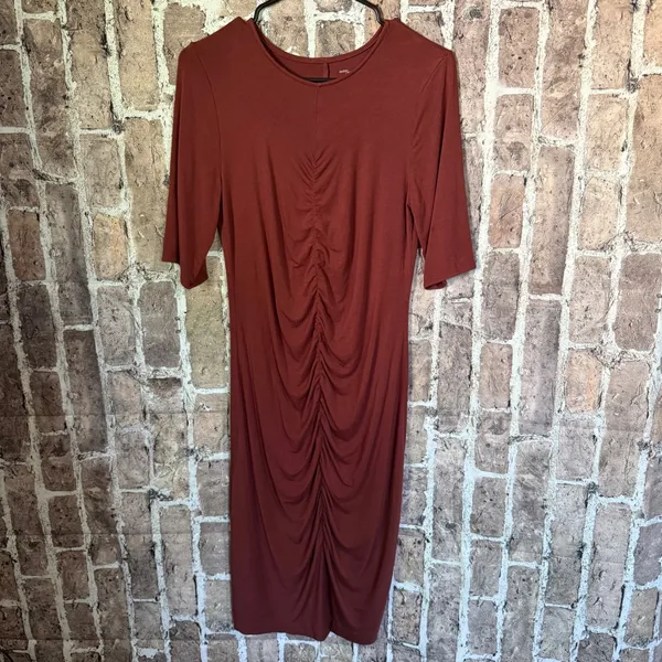 Daily Ritual Ruched Jersey Knit Dress M Half Sleeve Casual Brown Bodycon Stretch - Image 2