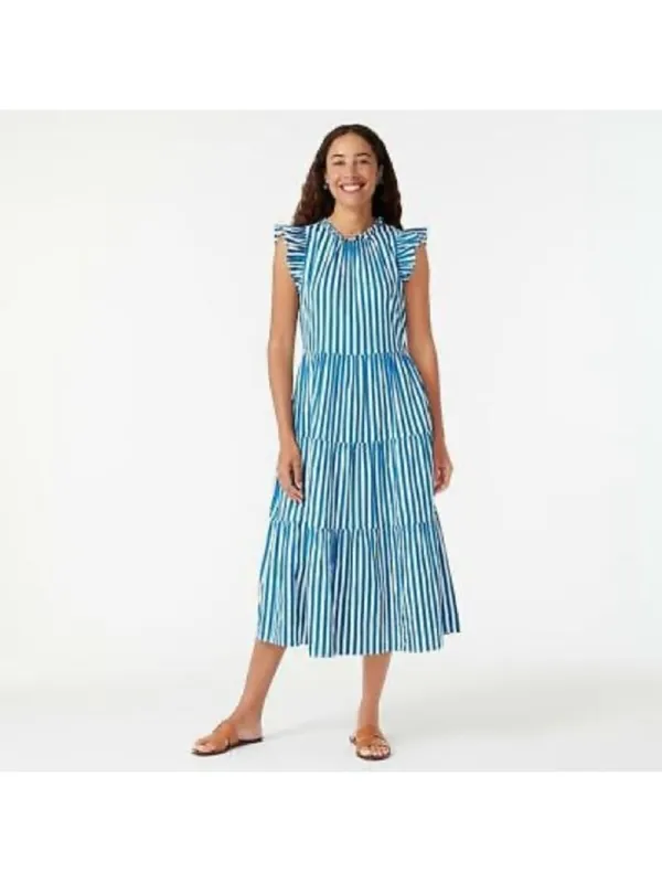 J. Crew Tiered Cotton Dobby Dress in Cape Blue White Green Stripe Large - Image 3