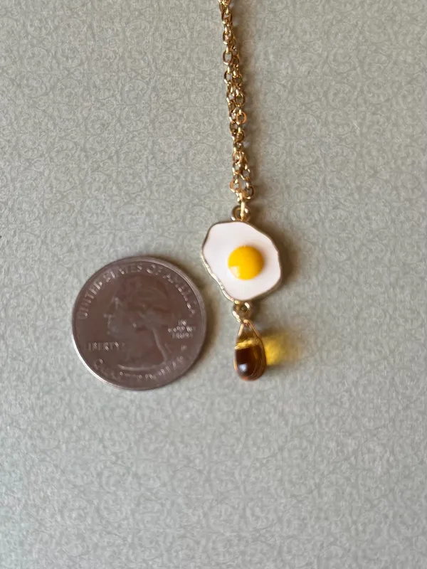 Handmade Kawaii funny funky sunny side up egg & amber color teardrop bead necklace 🍳💛 - Image 5