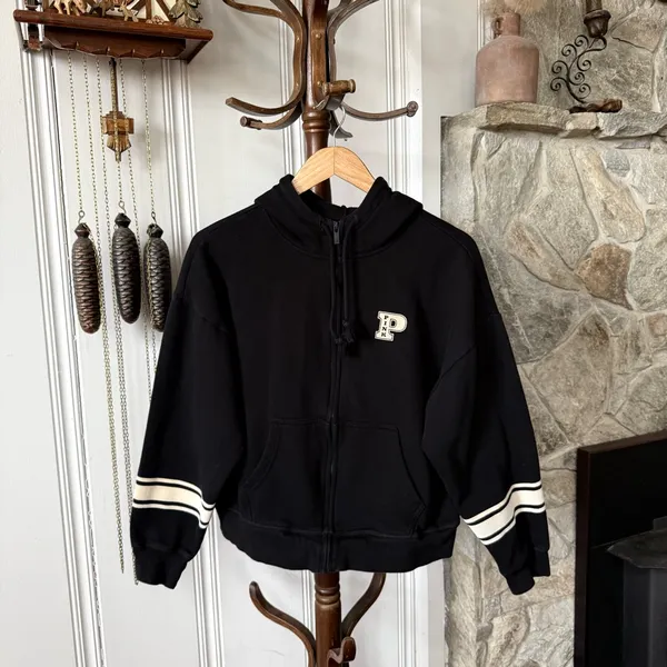 Victoria's Secret Pink Ivy Fleece Campus Black Full-Zip Hoodie Sweatshirt Medium - Image 3