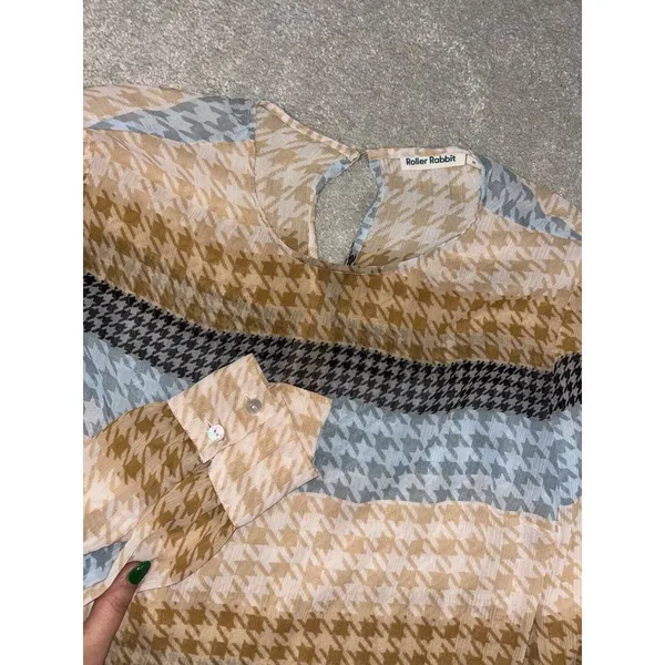 Roller Rabbit Womens Medium Popover Orange Blue Hounds Tooth Print Chiffon Sheer - Image 2