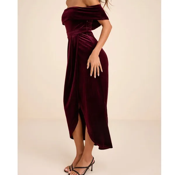 NEW Lulus I'm Enchanted Burgundy Velvet Off-the-Shoulder Tulip Dress Medium - Image 2