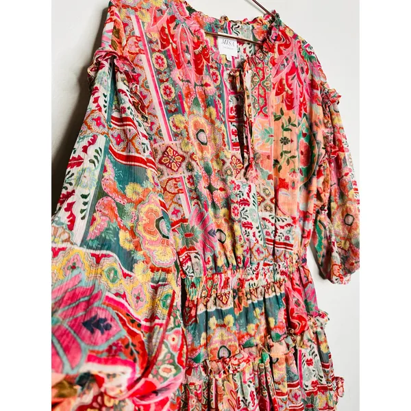 MISA Los Angeles Multicolored Metallic Split Neck Long Sleeve Elena Dress Size S - Image 9