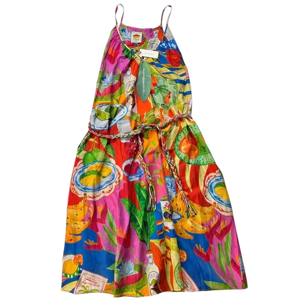 Farm Rio Summer Picnic Midi Dress Small Belted Cotton Sleeveless Tropical - Image 7