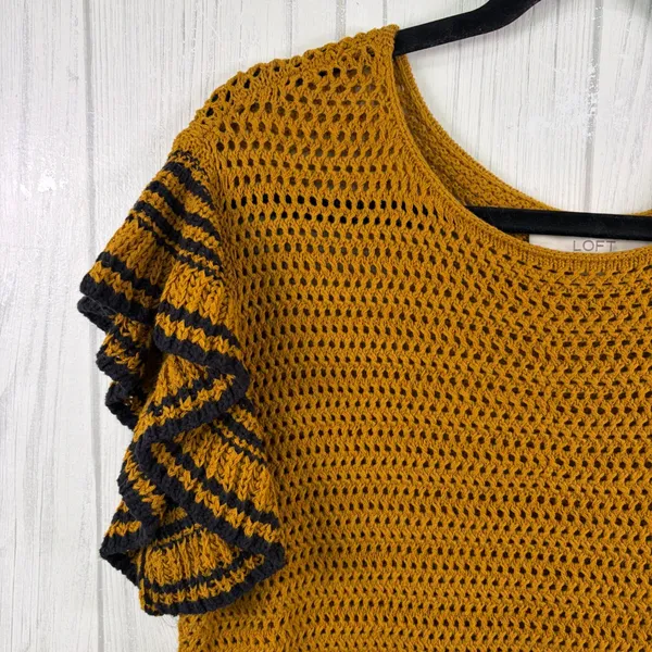 LOFT Open Knit Flutter Sleeve Top‎ in Mustard Yellow & Navy, Medium - Image 4