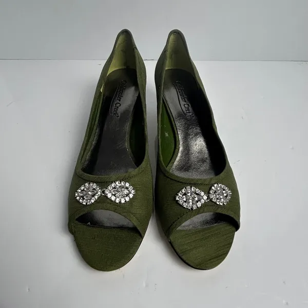 Coldwater Creek Olive Green Rhinestone Bow Peep Toe Kitten Heel Pumps 9M - Image 2