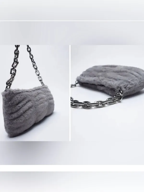 Zara Grey Faux Fur Shoulder Bag with Silver Chain - Image 2