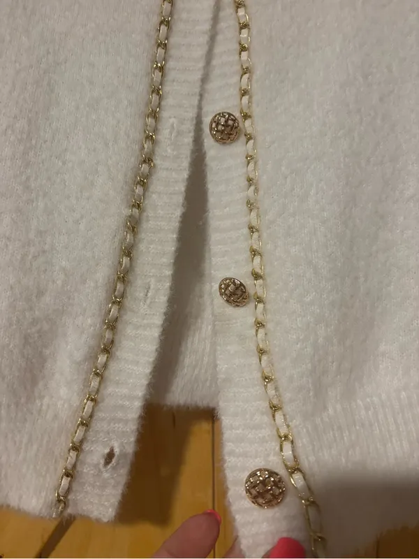 Nanette Lepore Cream Fuzzy Cardigan Sweater Gold Chain Trim‎ Tweed Vibez XL⁠ - Image 4