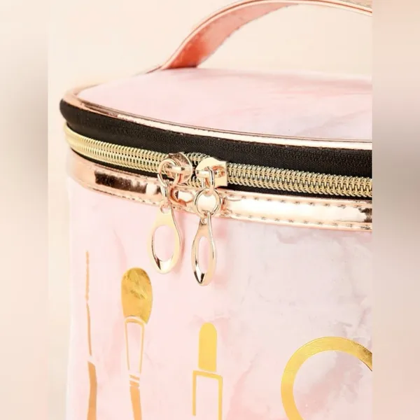 Pastel Pink with Gold Tone Trimmed Portable Travel Makeup Case - Image 4