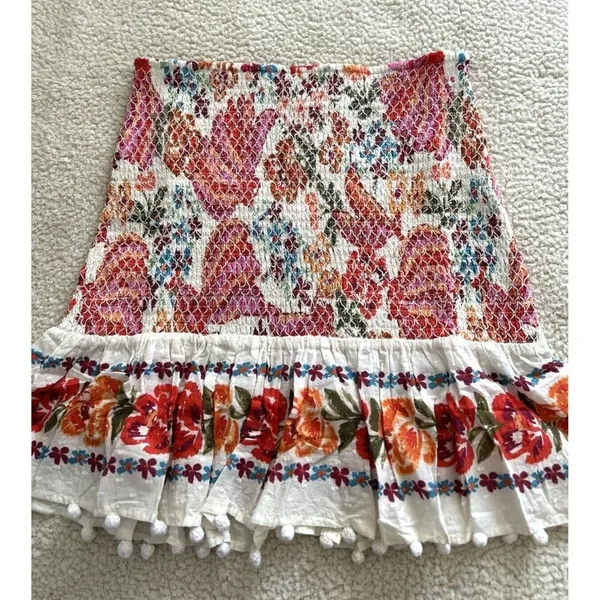 Farm Rio Womens Spring Bananas Smocked Mini Skirt Floral Pom Pom Trim Size M - Image 5