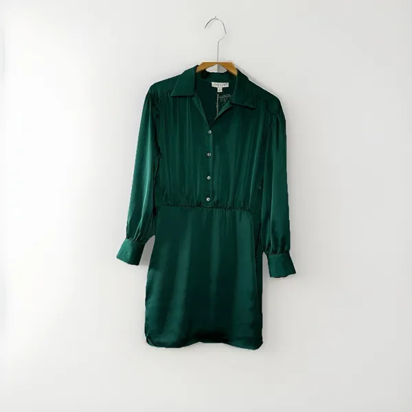 She + Sky‎ Donna Satin Mini Dress Emerald Green Collared Long Sleeve NWT Size S - Image 2
