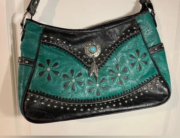 Tooled Leather Laser Cut Purse Feather Country Western Handbag Shoulder Bag - Image 4