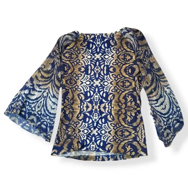 Chicos Women Sheer Blouse Blue Gold Ikat Boho Flowy Top Sz 2 US L Resort Coastal - Image 3