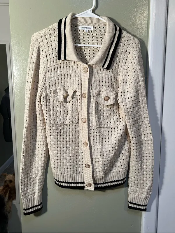 Heartloom Womens Sz Large Posey Cardi Cardigan Sweater Beige Black Marble Button - Image 5