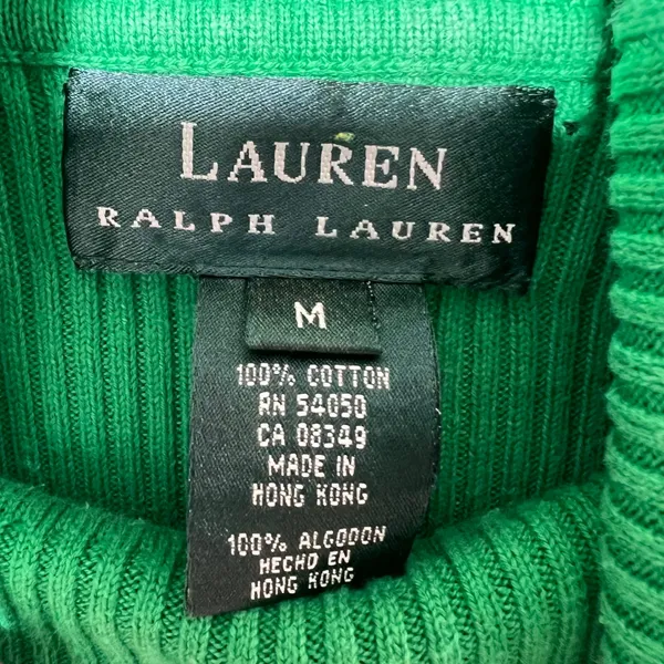 Vintage Lauren Ralph Lauren Green Ribbed Cotton Turtleneck Sweater‎ LRL Logo M - Image 3