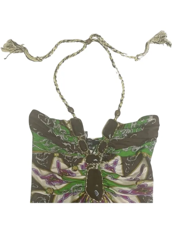 aso TV’s 90210  new Sky  Jewel Neck Bold Print Silk Halter Top  Braided Strap - Image 4