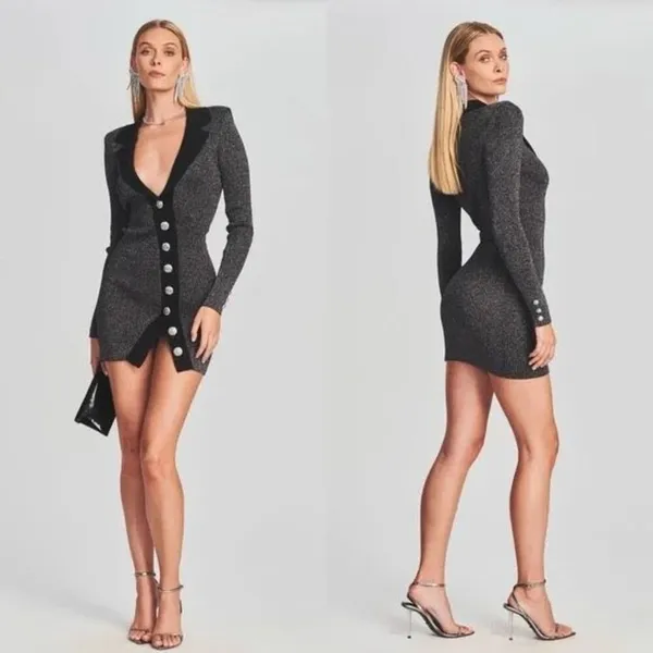 retrofête Mimi Sweater Long Sleeve Mini Dress in Gray Black XL - Image 2