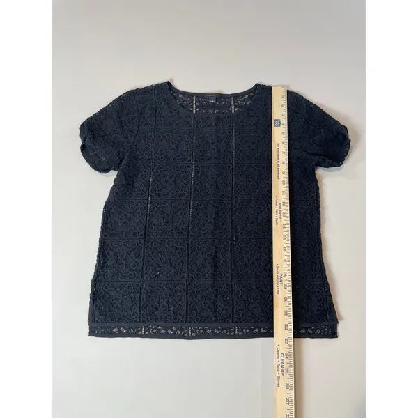 Ann Taylor Sheer Lace High‑Low Short Sleeve Top Size M Black Cotton - Image 5
