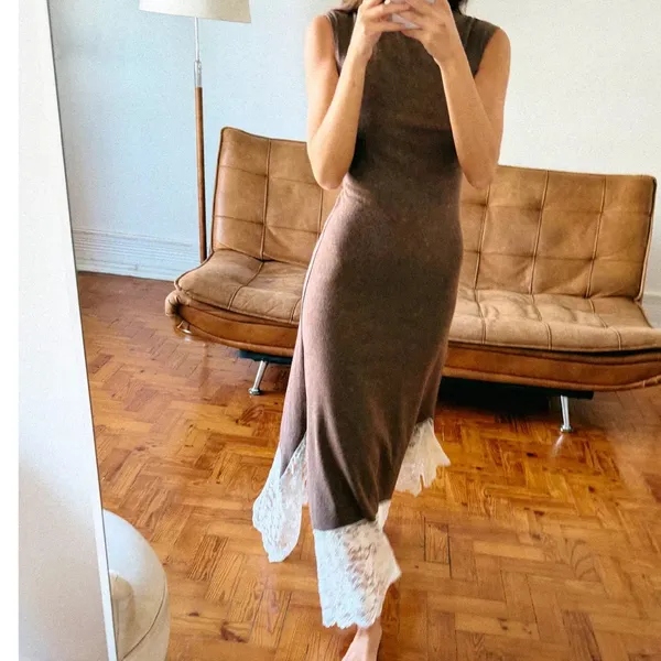 Zara NWT brown lace hem fitted long maxi dress - Image 6