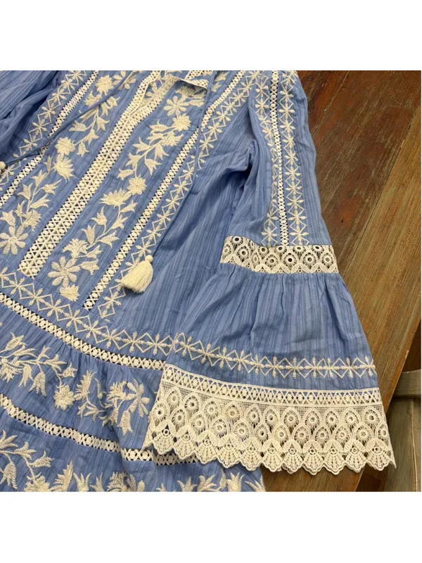 Tory Burch Light Blue Embroidered Crochet Bell Sleeve Tunic Coverup Dress Sz 6 - Image 6