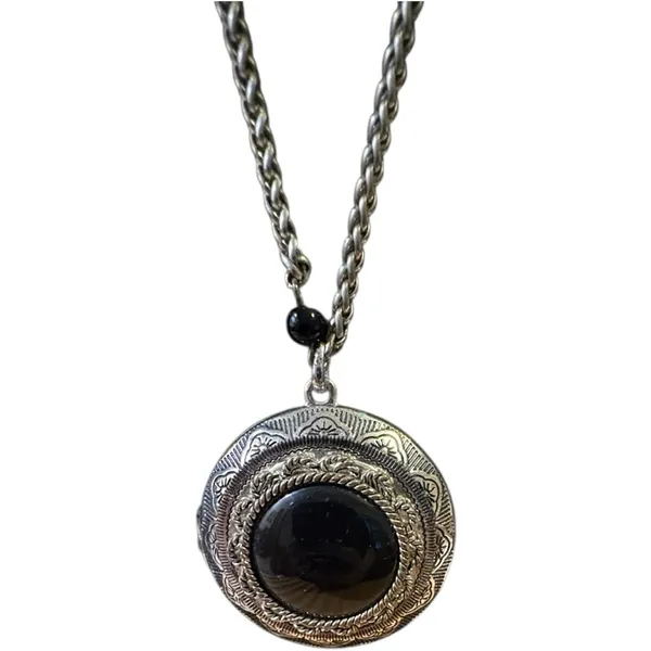 Vintage Black Onyx Cabochon Stone Silver Locket Necklace, One Size - Image 7