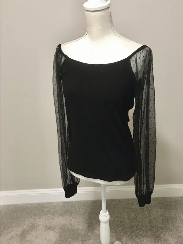 NWT Sheer Dot Mesh Sleeve Black Women's Top - Image 3