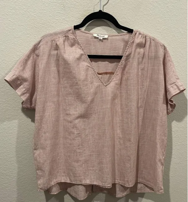 Madewell V-Neck Button-Back in Strip Short Sleeve Red White Blouse - Image 3