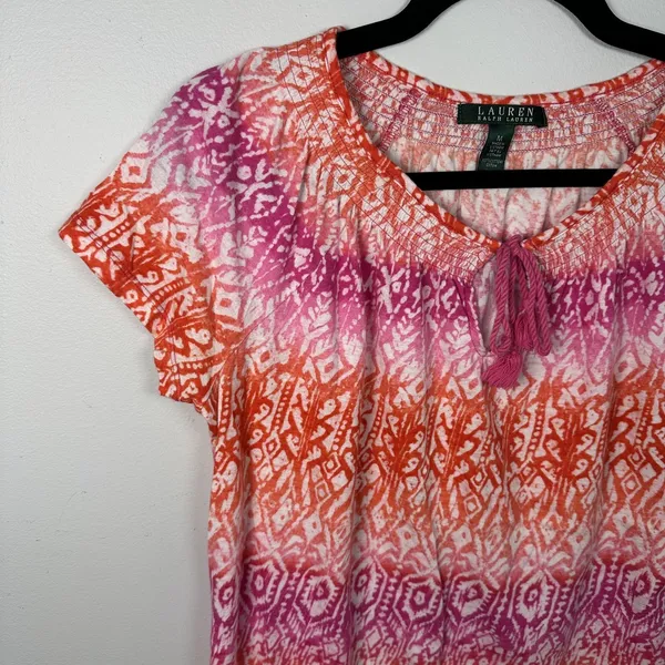 Lauren Ralph Lauren Medium Top Womens 100% Cotton Pink Orange Boho Short Sleeve‎ - Image 9
