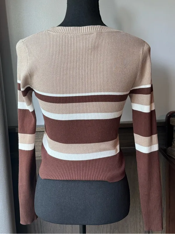 The Slope Striped Scoop-Neck Ribbed Sweater in Brown, Cream & Tan medium - Image 4