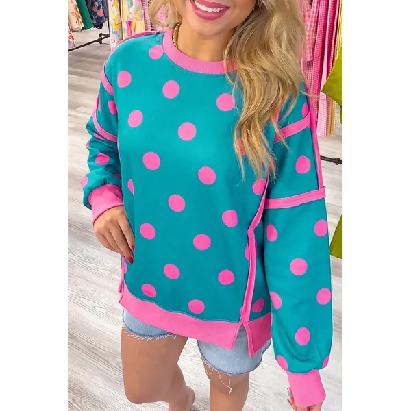 Polka Dot Contrast Patchwork Round Neck Baggy Sweatshirt - XL - Image 3