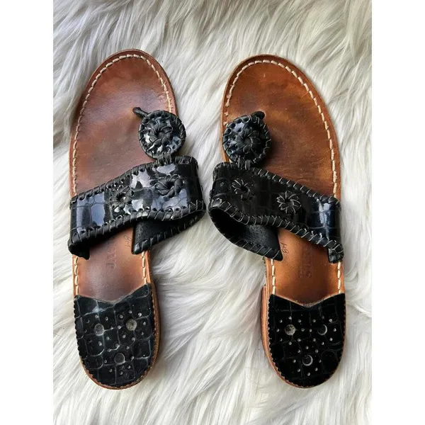 Jack Rogers Black Patent Leather Leather Sandals with Floral Design - Image 4
