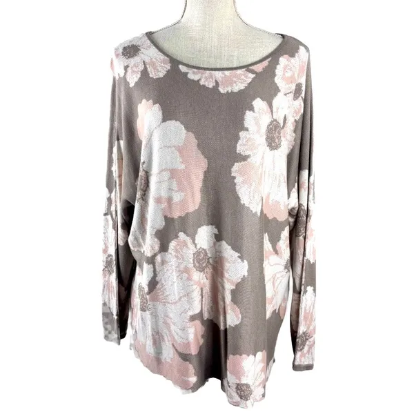 Ruby Rd Women's XL Sweater Floral Knit Pullover Tan Pink Crew Neck EUC - Image 2