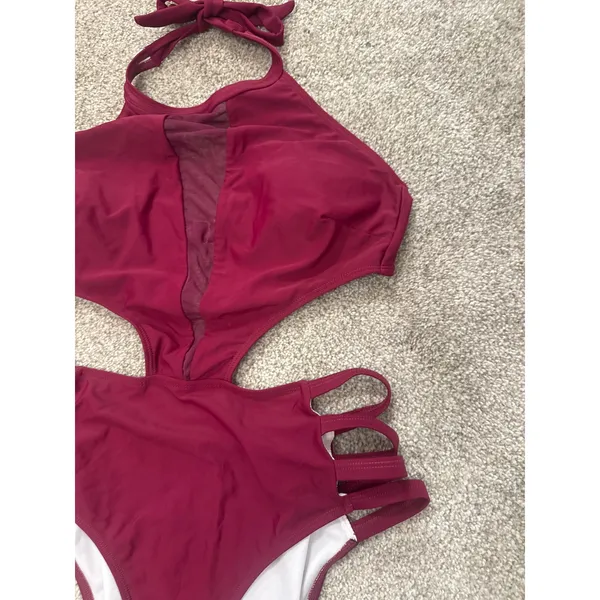 Tempt Me Women's One-Piece Sexy Mesh Neck Halter Monokini Swimsuit in Maroon, M - Image 3