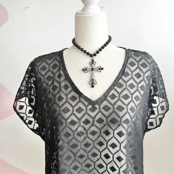 Black Mesh Sheer Top Grunge Witchy Gothic Whimsigoth Small‎ - Image 2