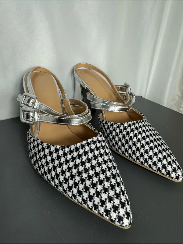 Pointed Houndstooth casual business party preppy Slingback Flats Black White 39 - Image 2
