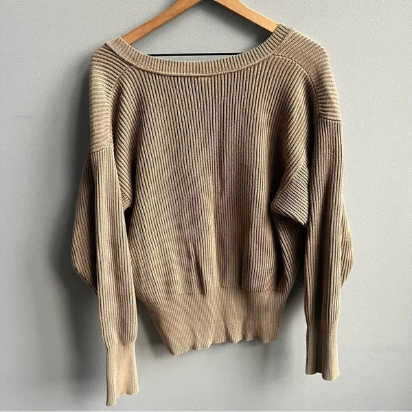 Free People Allure Tan V-Neck Oversized Sweater Ribbed Stretch Pullover Medium - Image 9