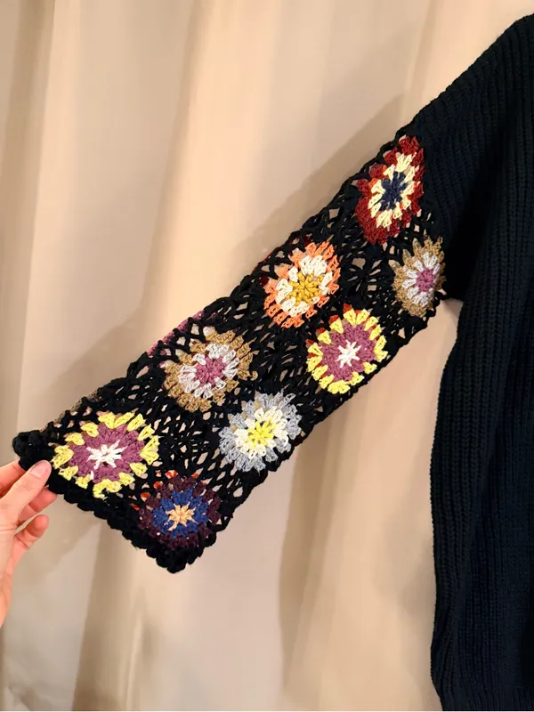 SHEIN Black Crewneck Sweater with Multicolor Crochet Flower Sleeves - Image 2