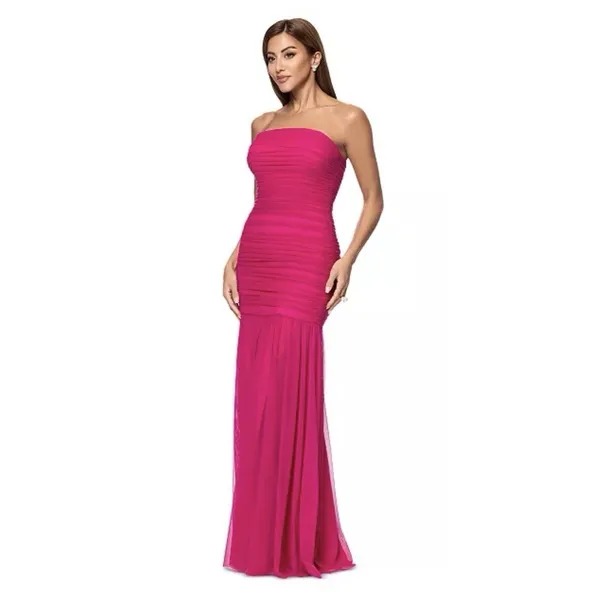 XSCAPE gown allover ruched bodice and straight neckline Size 10 Pink Flowy - Image 2