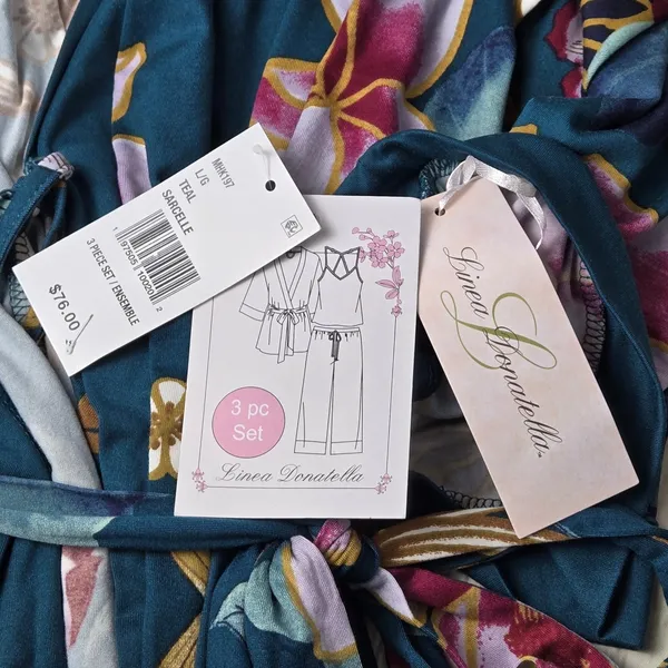 Linea Donatella Teal Floral Robe & Pants MHK197 Large NWT Pajama Set - Image 7