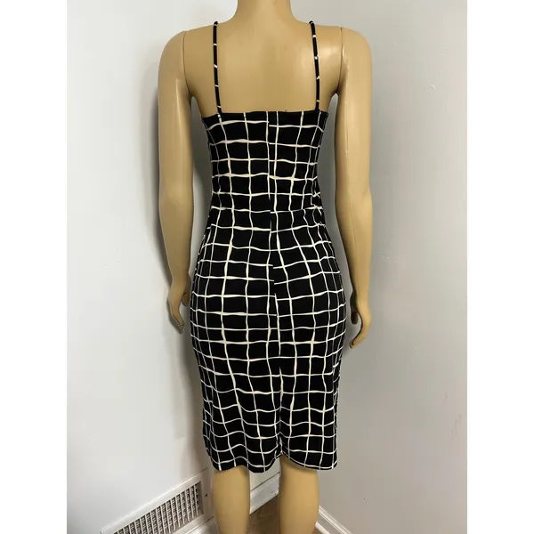 Y2K La Belle Vintage Black White Grid Midi Dress Surplice Spaghetti Strap M - Image 3