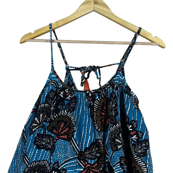 Anthropologie Deja Floral Batik Print Mini Dress Blue Boho Tassel Tie Size XS - Image 3