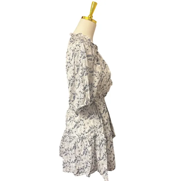 Cleobella Nevah Floral Mini Dress White Blue Puff Sleeve Tie Belt Cotton Size M - Image 4