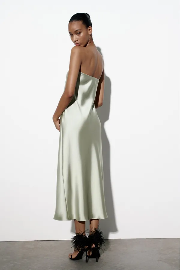 midi dress satin sleeveless tube olive green wedding party summer - Image 15
