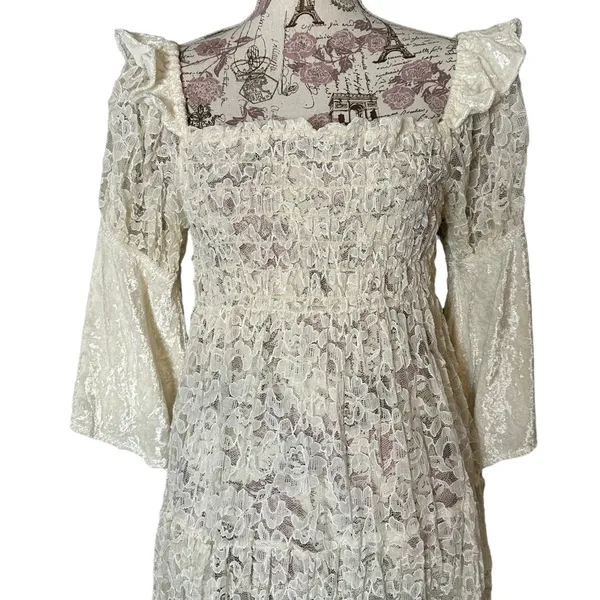 Vintage Cream Lace Velvet Victorian Cottagecore Dress Flare Sleeves Ruffle - Image 3