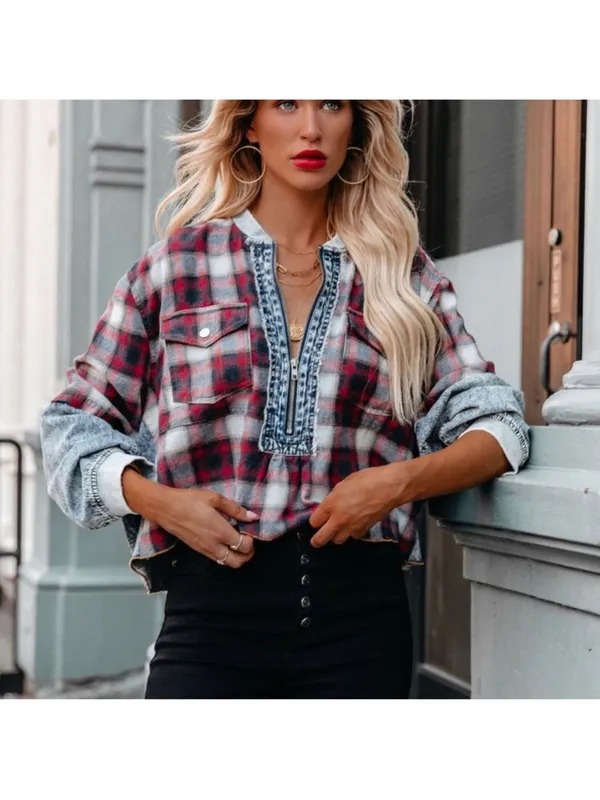 Prómesa plaid denim patchwork quarter zip collared pullover top S - Image 2