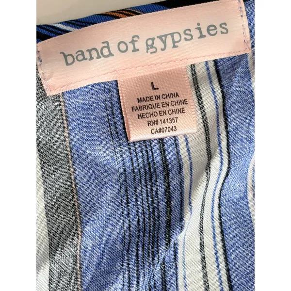 Band Of Gypsies Blue Striped Faux Wrap Dress Flutter Sleeve‎ Ruffle Hem L - Image 3