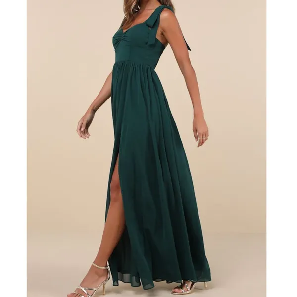 Lulus NWOT Radiant Charisma Emerald Chiffon Ruched Tie-Strap Maxi Dress Medium - Image 2