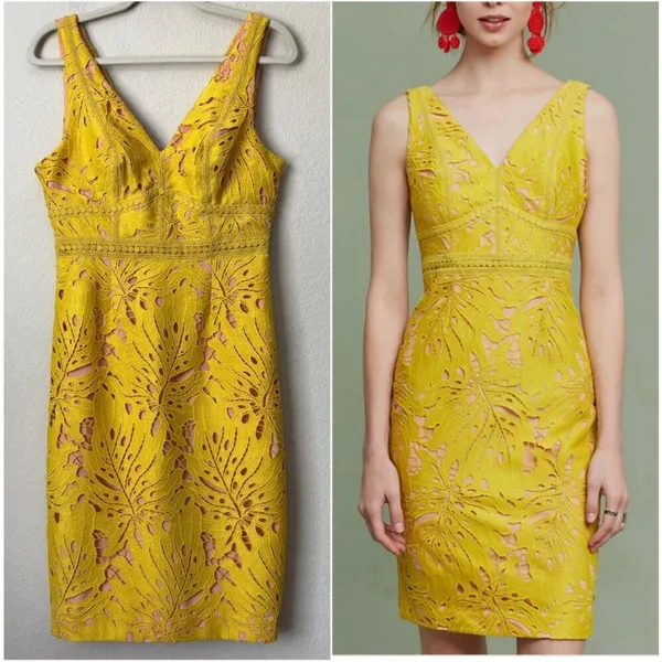 Anthropologie Maeve Lace‎ Gardenia Sheath V-Neck Yellow Dress size 4 - Image 2